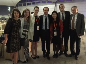 Center for Publishing Director Andrea Chambers (far left), Professional Programme faculty Seth Russo (far right), and M.S. in Publishing student volunteers with author Dan Brown (center) at the 2014 Sharjah International Book Fair